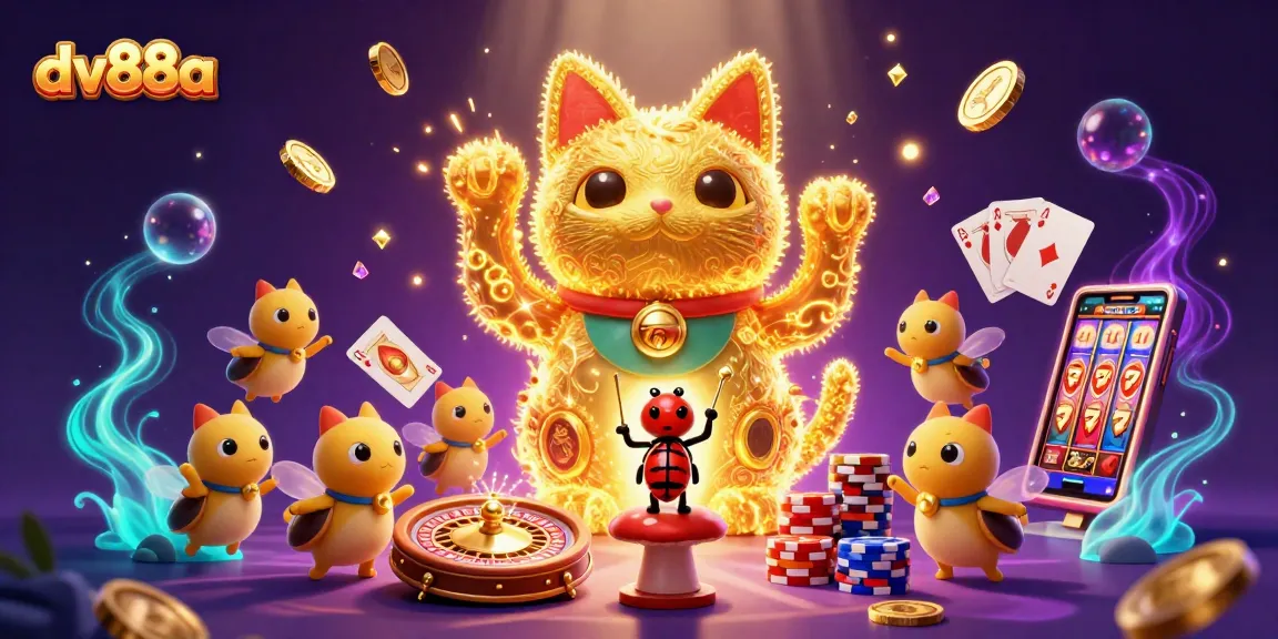 Experience thrilling wins at dv88a with a lucky cat amidst golden coins and vibrant casino elements.