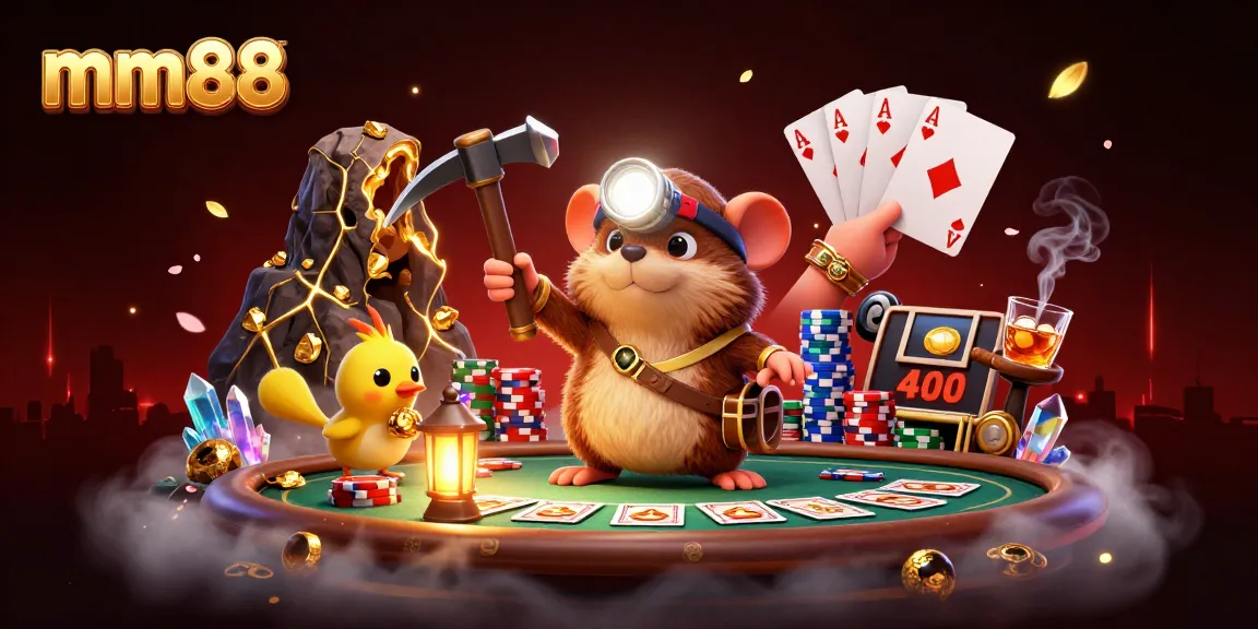 Experience thrilling gaming adventures at mm88 with a 3D treasure hunter mole character and poker elements.