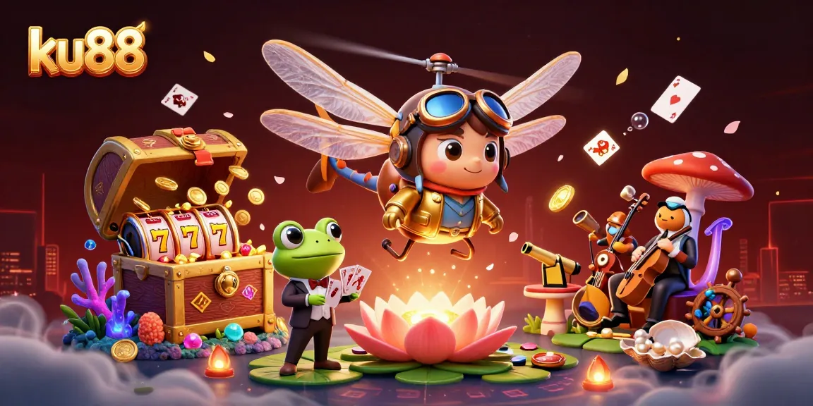 Experience thrilling gaming at ku88 with a vibrant 3D scene of a dragonfly pilot, frog dealer, and jazz musicians.