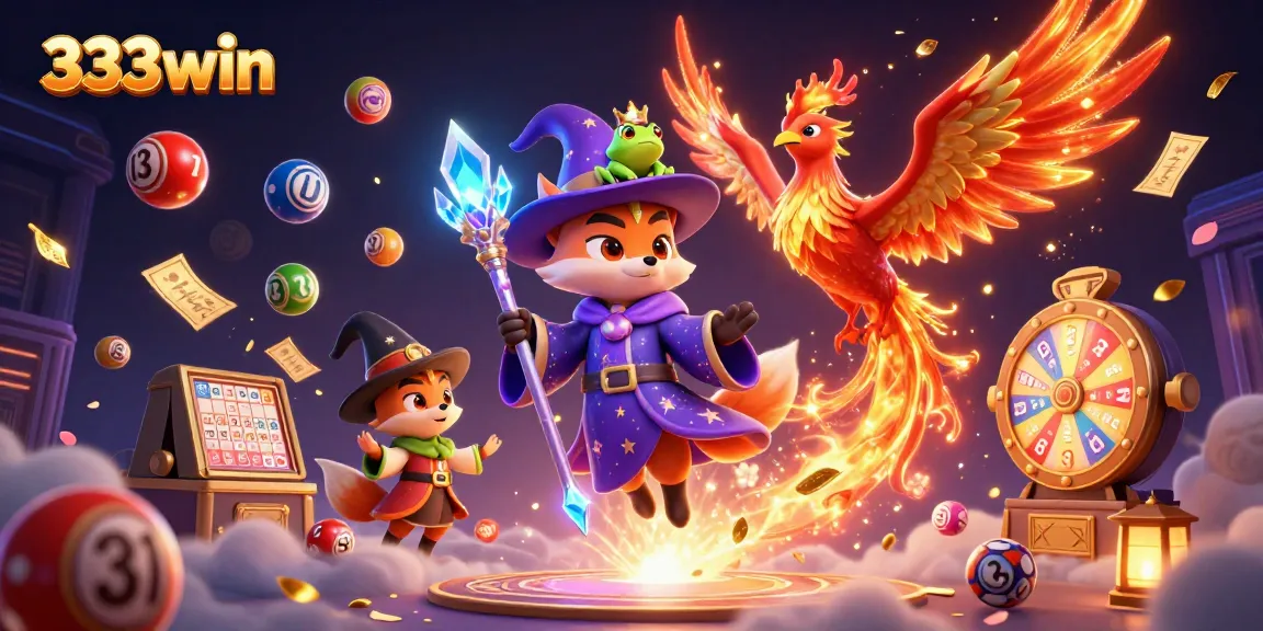 Experience the excitement of 333win with a dazzling casino scene featuring a wizard fox, phoenix, and vibrant game elements.