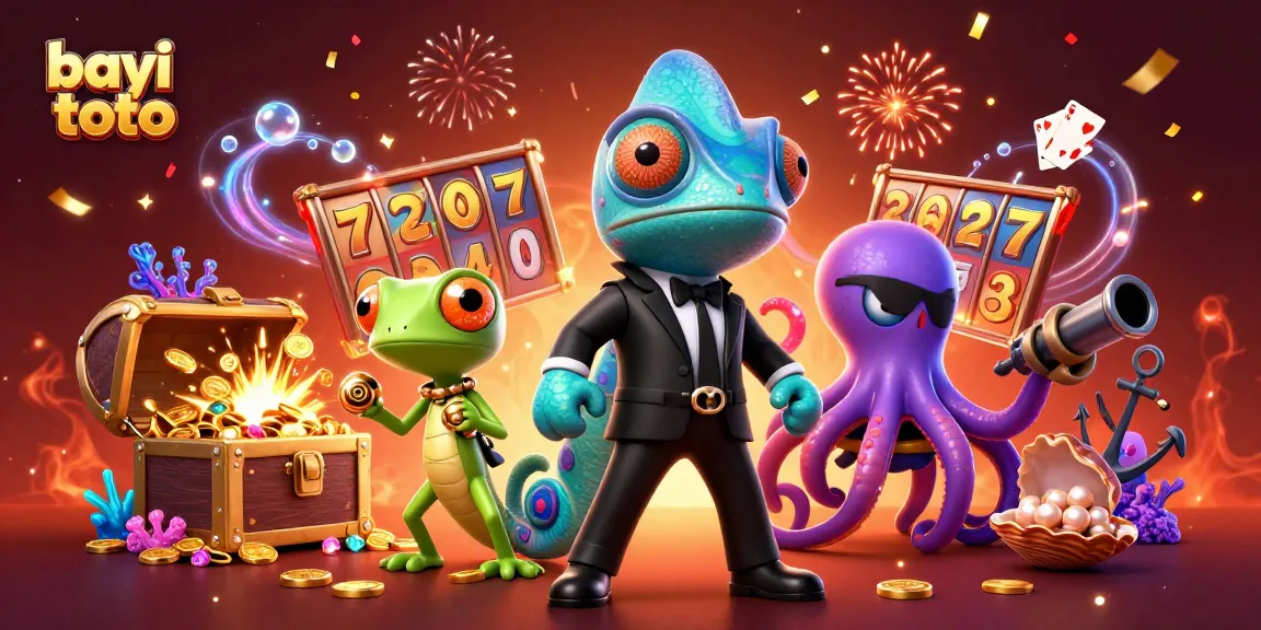Bayi toto showcases a thrilling online gaming scene with vibrant slot reels and a secret agent chameleon.
