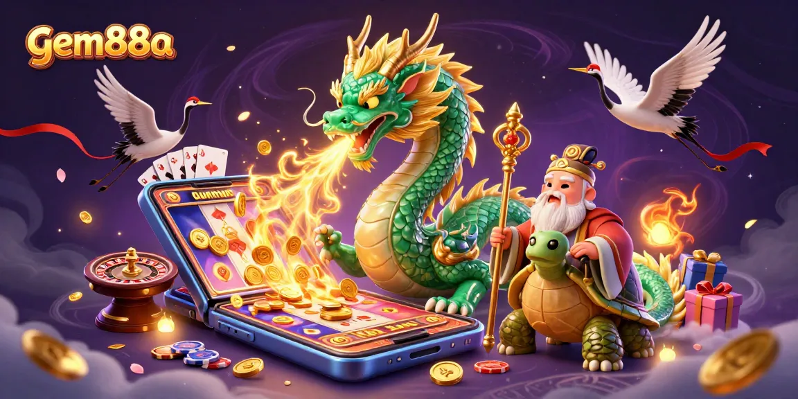 Experience thrilling slots at gem88a with a vibrant 3D illustration featuring a jade dragon and game elements.