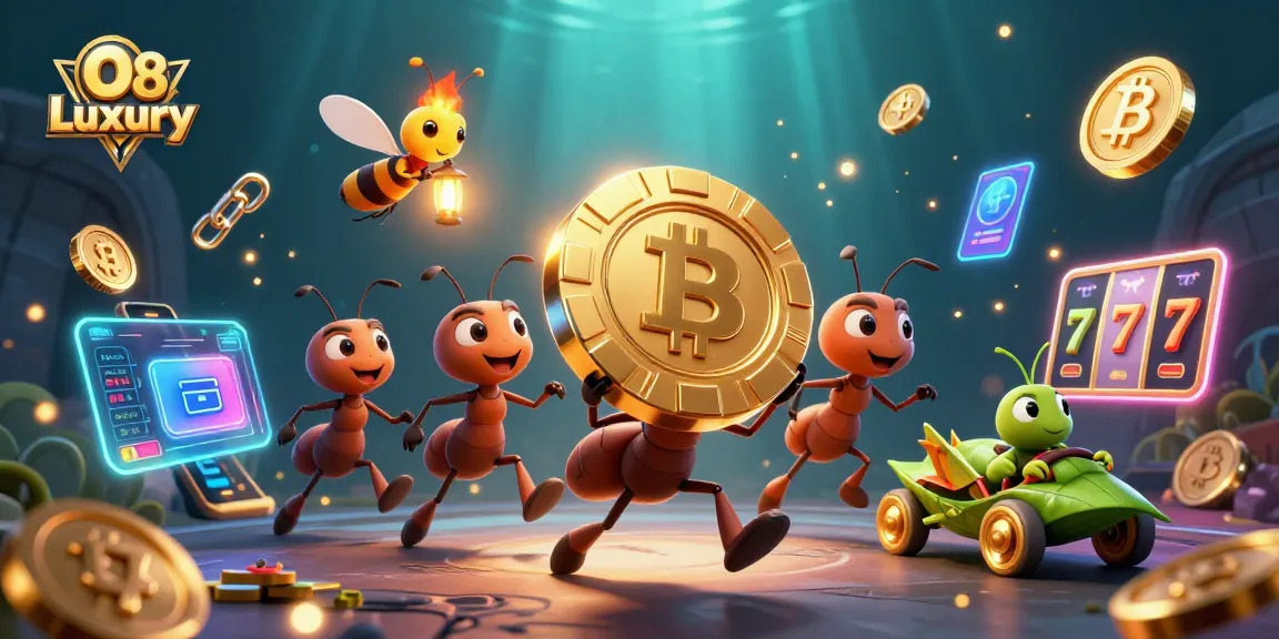 Engage in O8 Luxury gameplay with a team of cartoon ants carrying a giant poker chip in a vibrant, neon-lit casino scene.