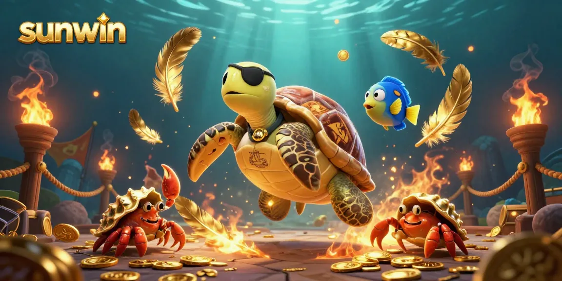 Experience thrilling gameplay with sunwin's vibrant 3D illustration featuring a pirate turtle and treasure.