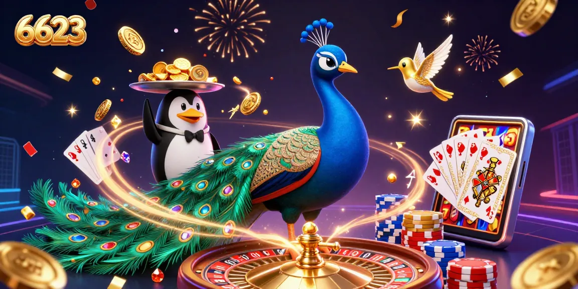 Engage in exciting games at 6623, showcasing a whimsical casino scene with vibrant characters and dazzling elements.