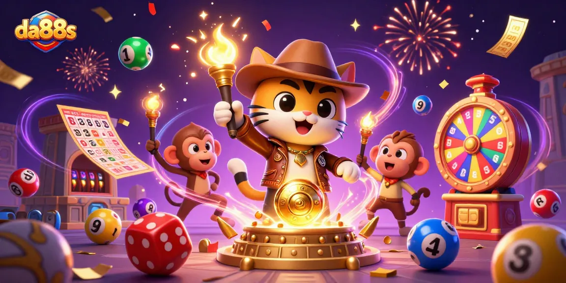 Engage in thrilling gameplay with da88s at the vibrant casino adventure, showcasing a cat archaeologist and monkey.