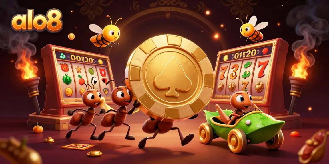 Experience the excitement at ALO8 as ants carry a gigantic poker chip through vibrant gambling elements.