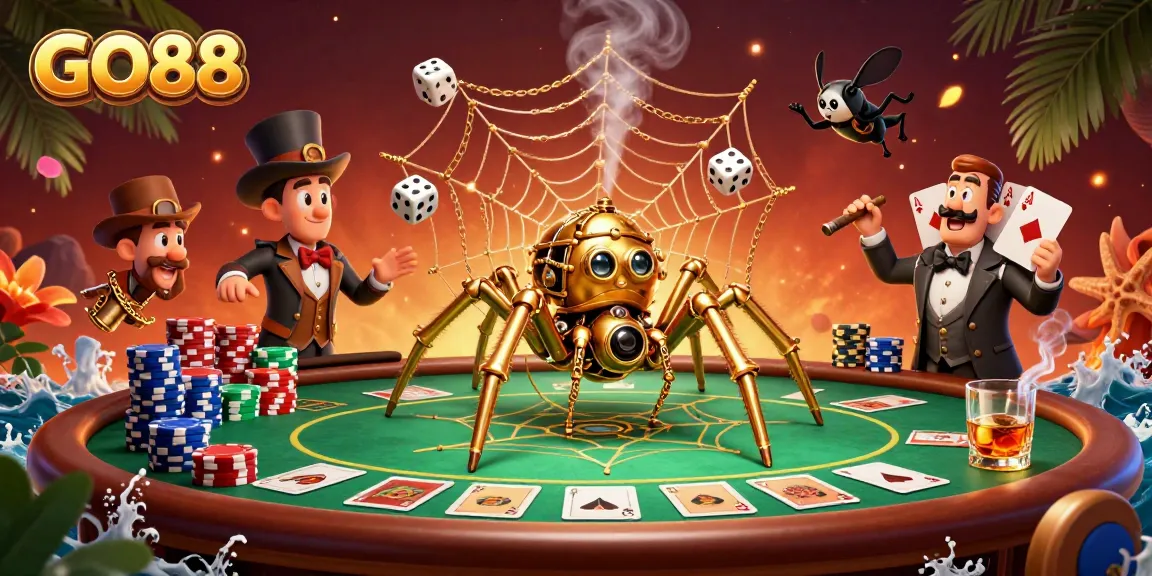 Experience thrilling moments at GO88 with a 3D steampunk spider and poker ambiance.