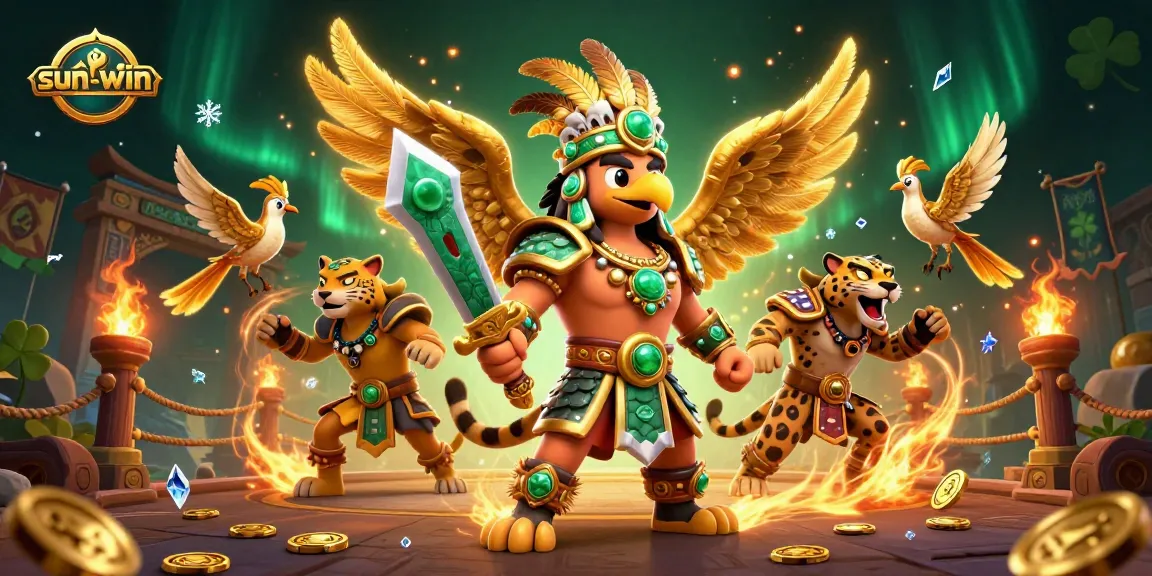 Join the action at sun-win, featuring an Aztec eagle warrior and golden treasures in a vibrant casino setting.