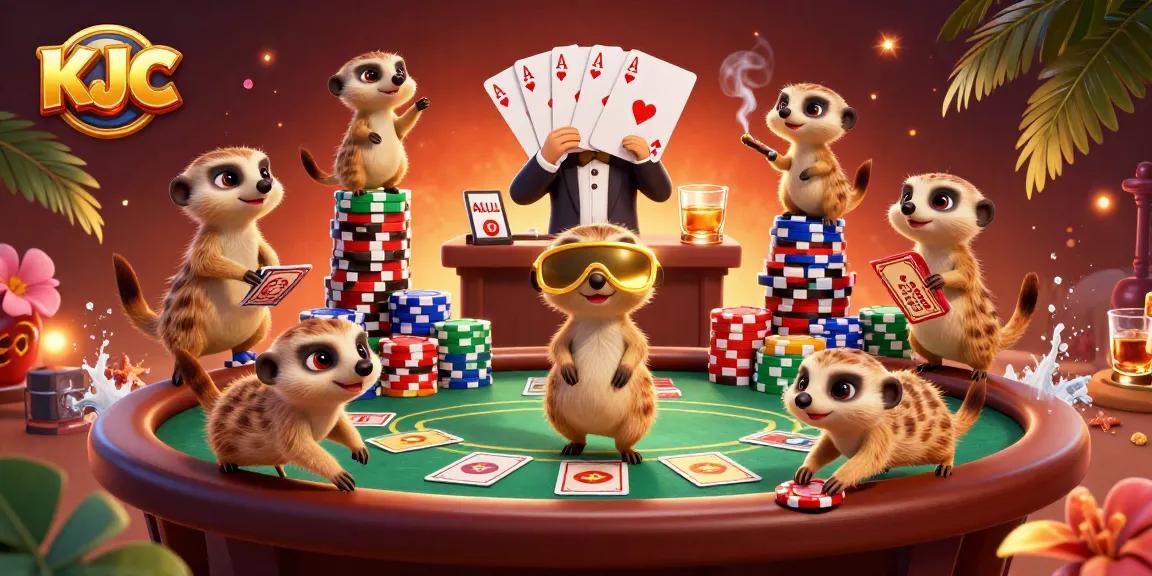 KJC meerkats managing a vibrant poker casino setup with dynamic gaming elements.