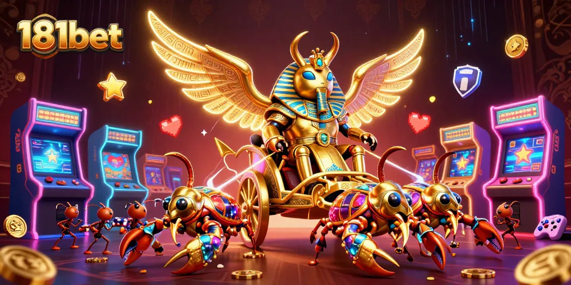Bet at 181bet with a dynamic scene featuring a golden scarab beetle, scorpions, and arcade elements.