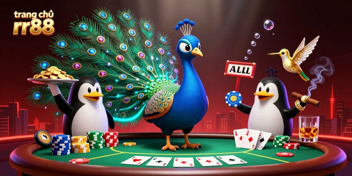 Play exciting games at trang chủ rr88 with a peacock, penguin, and hummingbird in a vibrant casino scene.