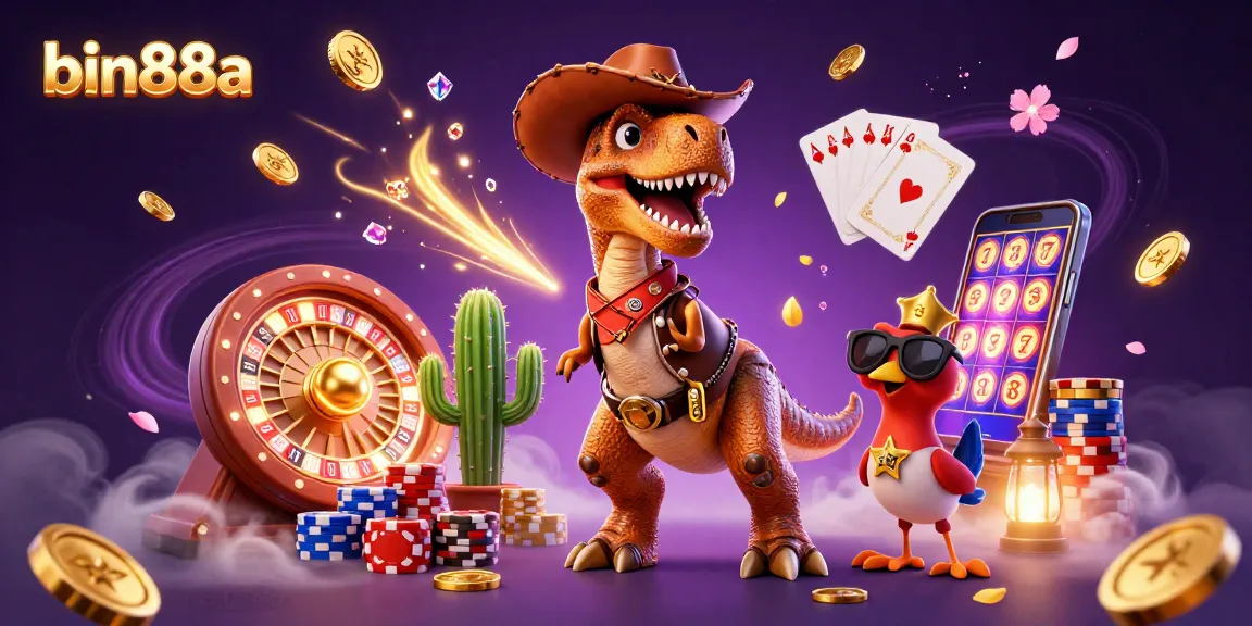 Experience thrilling games with bin88a's vibrant 3D illustration featuring a cowboy dinosaur amidst casino elements.