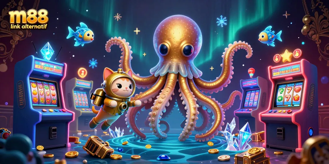 Engage with thrilling m88 link alternatif as a kraken and diving cat explore a treasure-filled casino ocean.