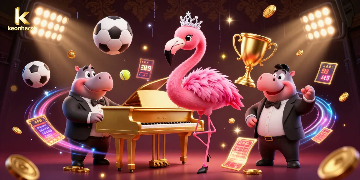 Experience the excitement of keonhacai with this dynamic casino-themed 3D illustration featuring lively characters and sports elements.
