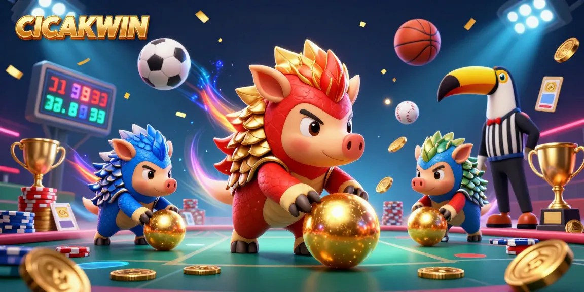 CICAKWIN lottery action featuring gambling pangolins amid shimmering golden scales and vibrant sports elements.