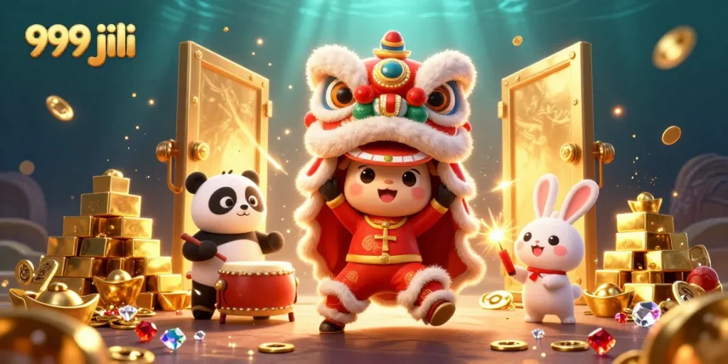 Experience 999 jili excitement in a rich 3D casino scene filled with treasures and festive characters.