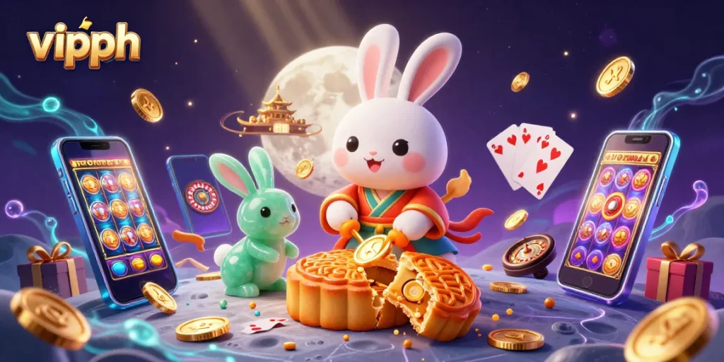 Experience thrilling gameplay at vipph with a vibrant illustration of moon rabbits and casino elements showcasing excitement and fun.