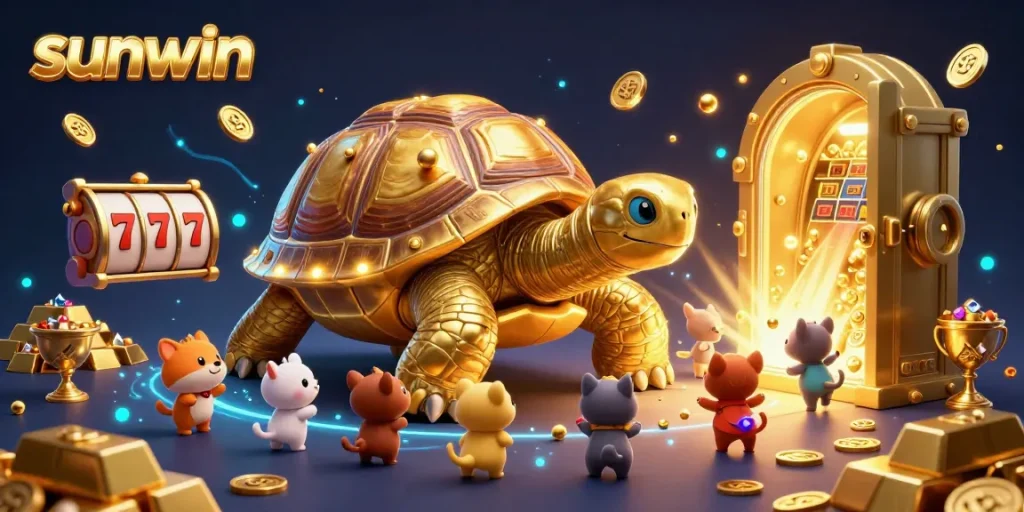 Experience the excitement of winning with Sunwin's dynamic games featuring vibrant golden treasures and slot elements.