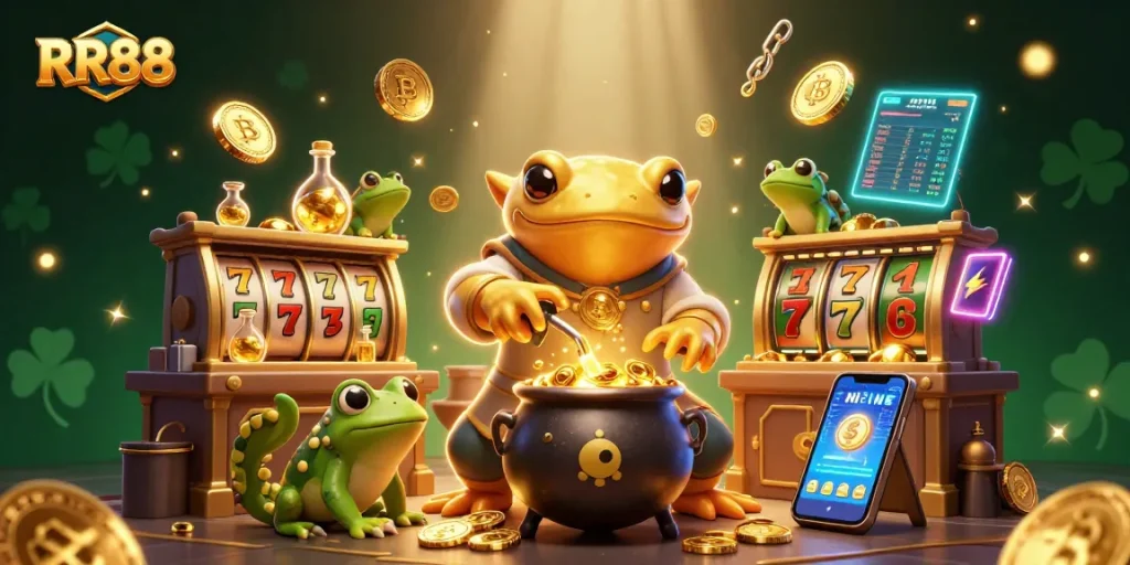 Win big at RR88 with vibrant, dynamic casino-themed magical illustration featuring a golden salamander alchemist.