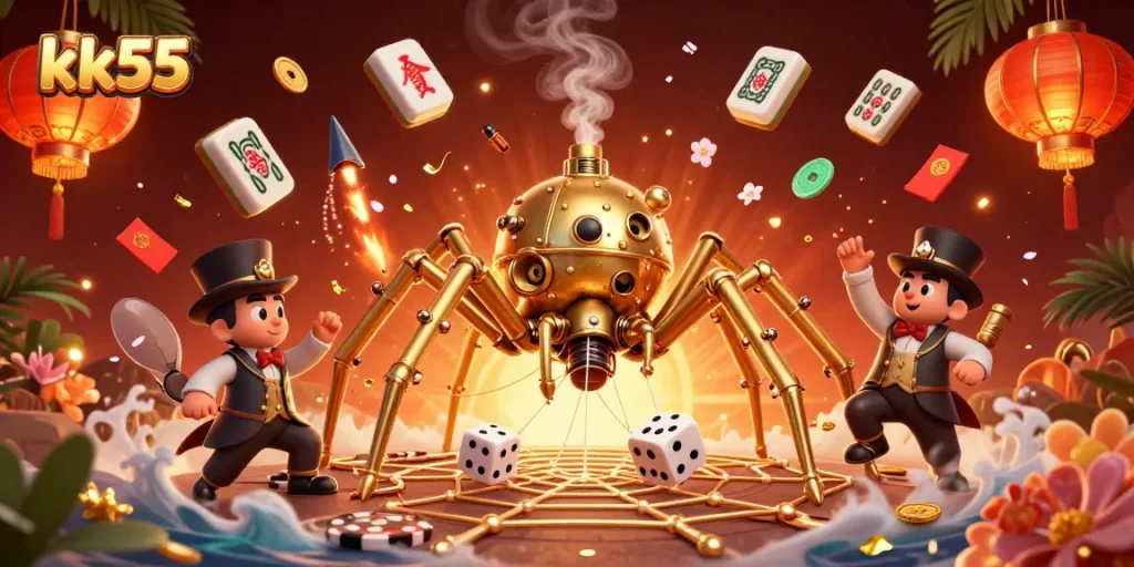 Experience thrilling games at kk55 with a dynamic illustration of a steampunk spider ensnaring dice, enhancing casino excitement.