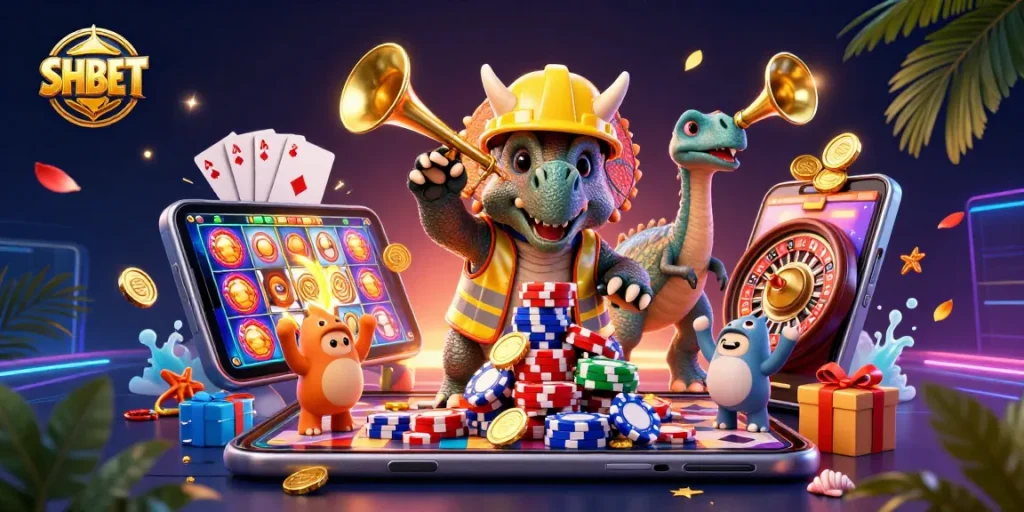 Experience the thrill at SHBET with a lively 3D casino scene featuring fun characters and dynamic gaming elements.