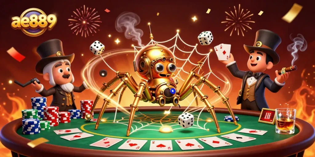 Pursue winning strategies at ae889 with a vibrant casino scene featuring golden spider and poker elements.