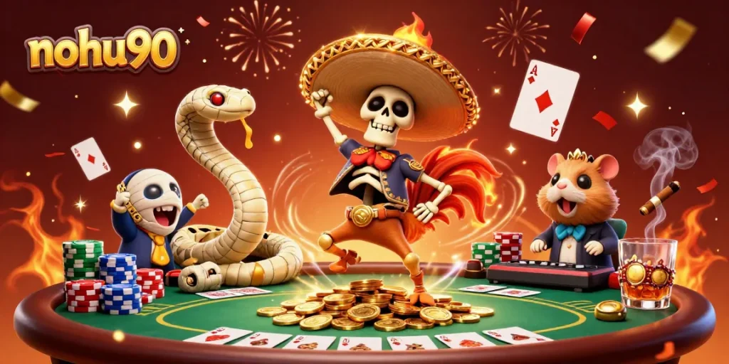 Experience nohu90 with a vibrant scene of casino excitement featuring unique cartoon characters.