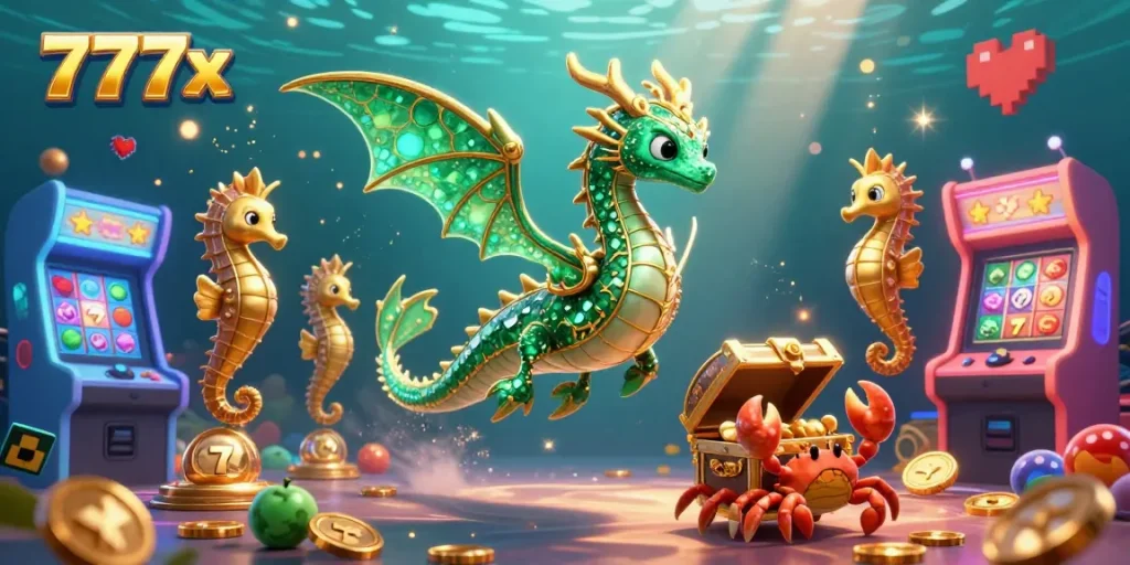 A vibrant 777x casino scene with an emerald sea dragon and colorful slot reels bringing excitement to players.