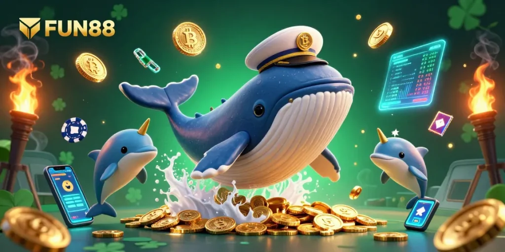 Play thrilling games at FUN88 as a whale and friends celebrate big wins with coins and poker chips.