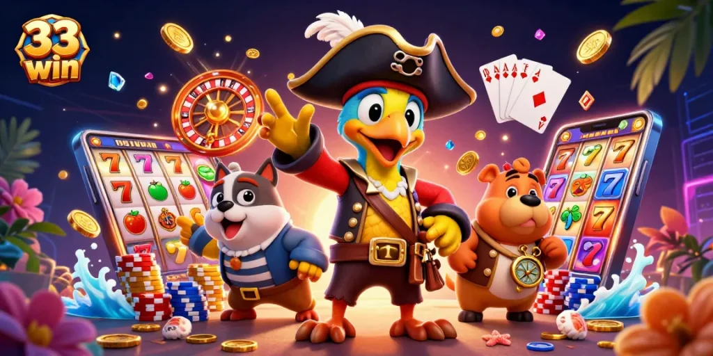 Win big at 33 win with a colorful, lively casino scene featuring pirates and treasure.