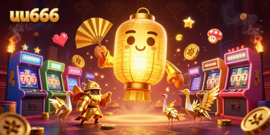 Experience the thrill of gaming at uu666 with vibrant 3D illustration featuring casino elements and lucky symbols.